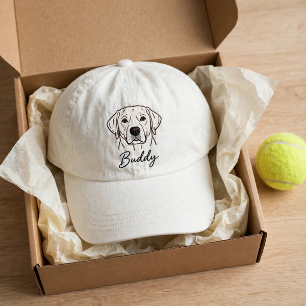 Custom Yellow Labrador Retriever Embroidered Hat, Personalized Pet Name Line Art Baseball Cap, Washed Cotton