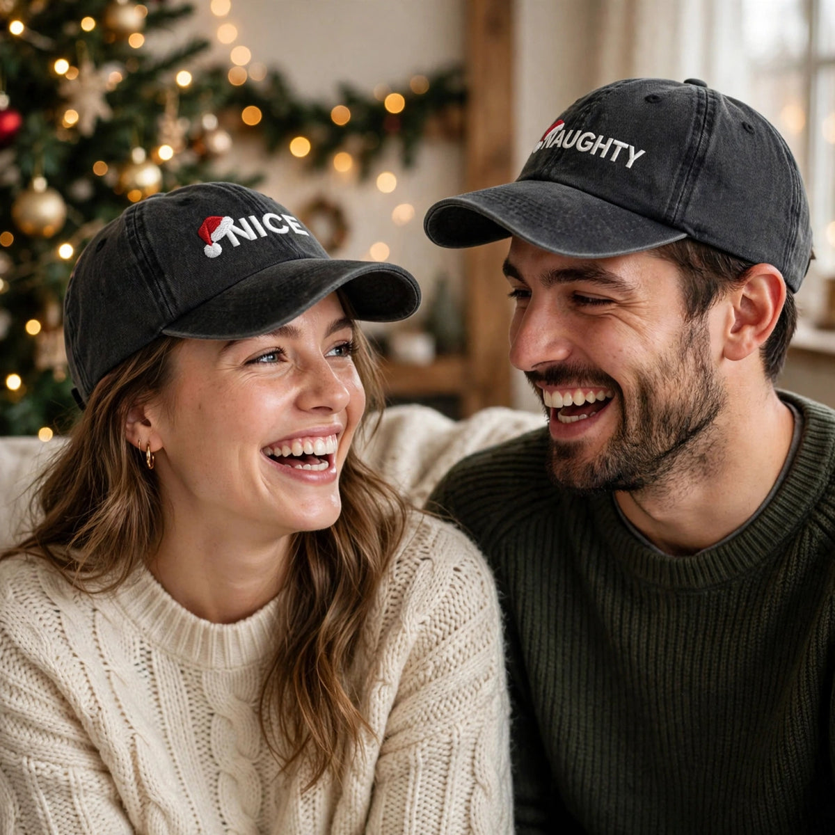 Matching Christmas Couple Embroidered Hats, Santa Theme Washed Cotton Baseball Caps