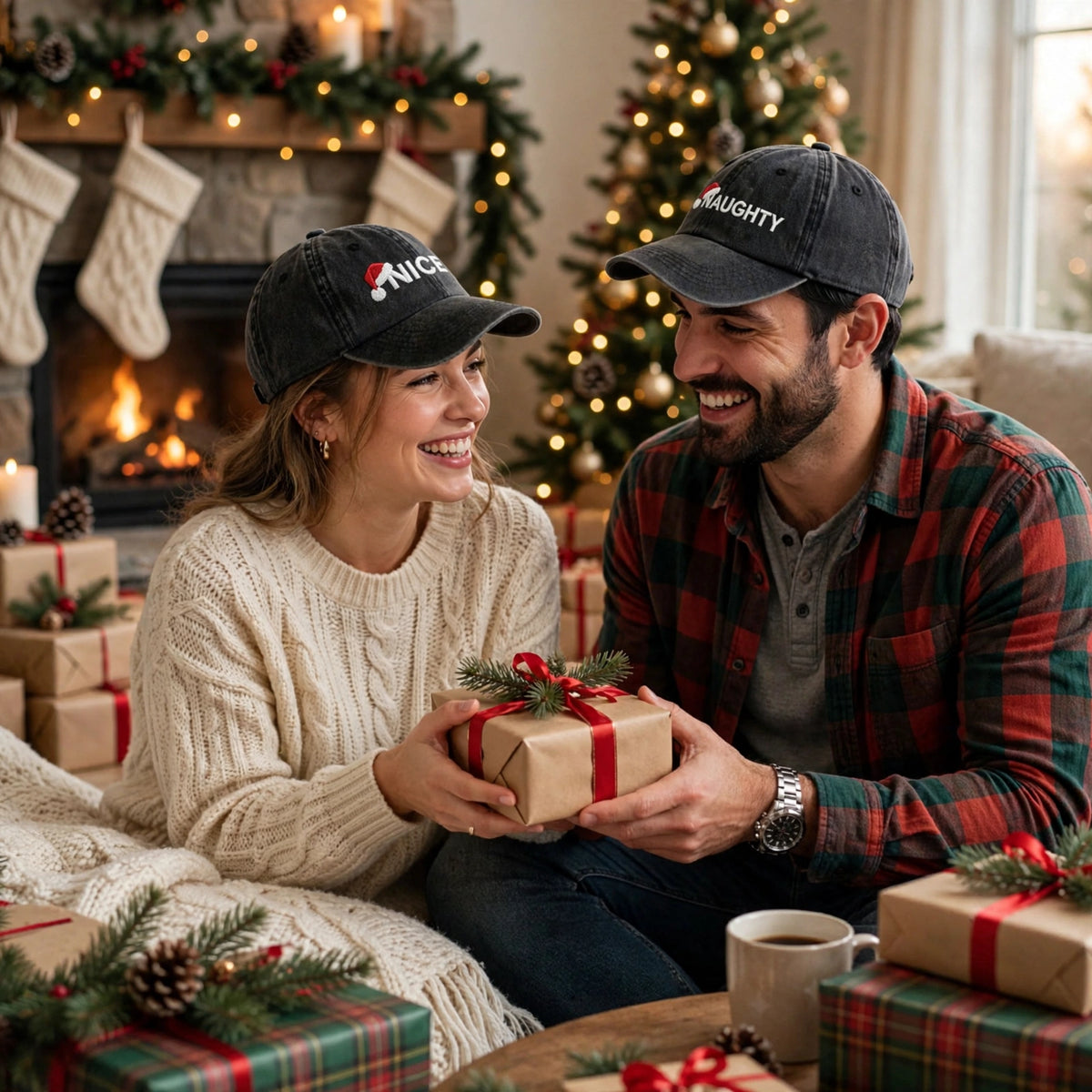 Matching Christmas Couple Embroidered Hats, Santa Theme Washed Cotton Baseball Caps