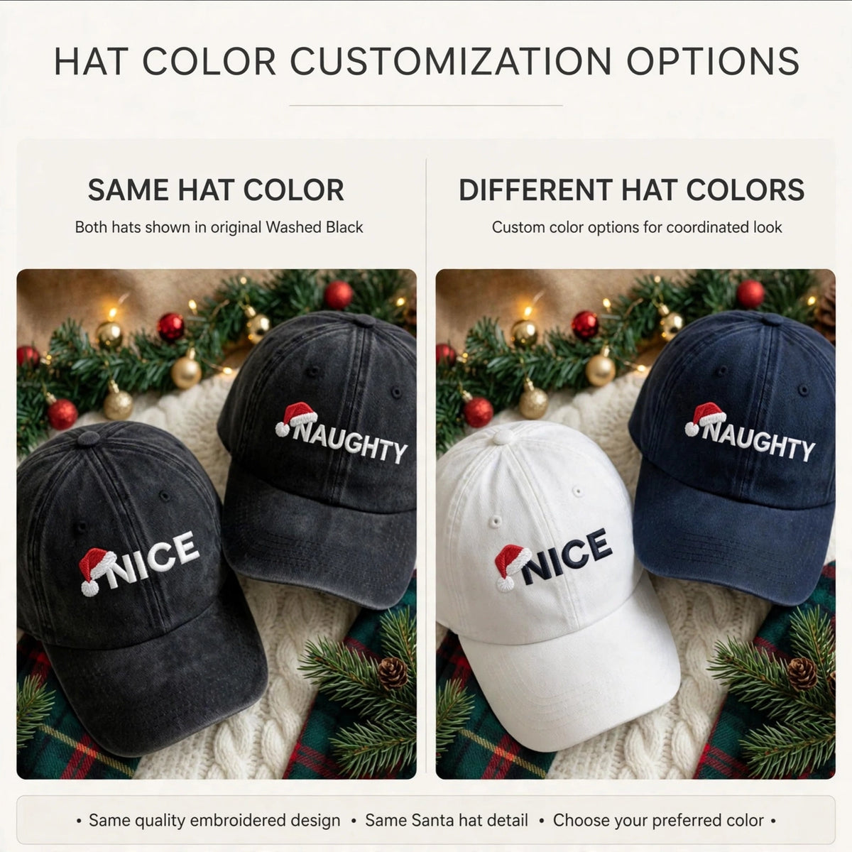 Matching Christmas Couple Embroidered Hats, Santa Theme Washed Cotton Baseball Caps