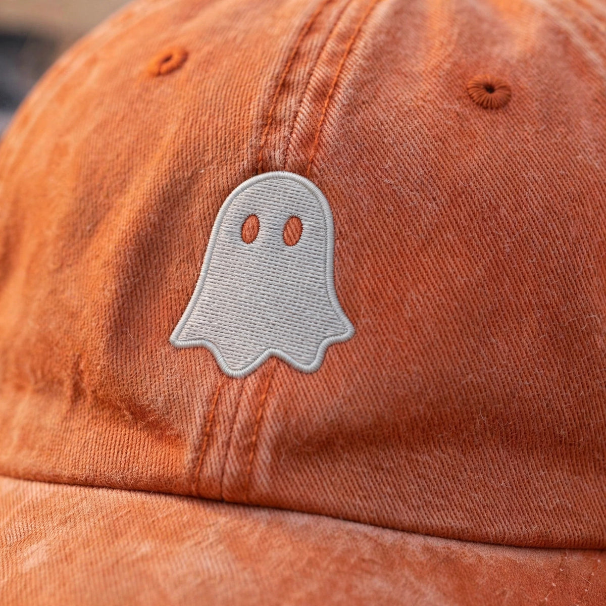 Minimalist Ghost Embroidered Hat, Orange Washed Cotton Baseball Cap, Halloween Gift