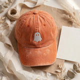 Minimalist Ghost Embroidered Hat, Orange Washed Cotton Baseball Cap, Halloween Gift