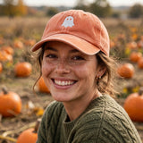 Minimalist Ghost Embroidered Hat, Orange Washed Cotton Baseball Cap, Halloween Gift