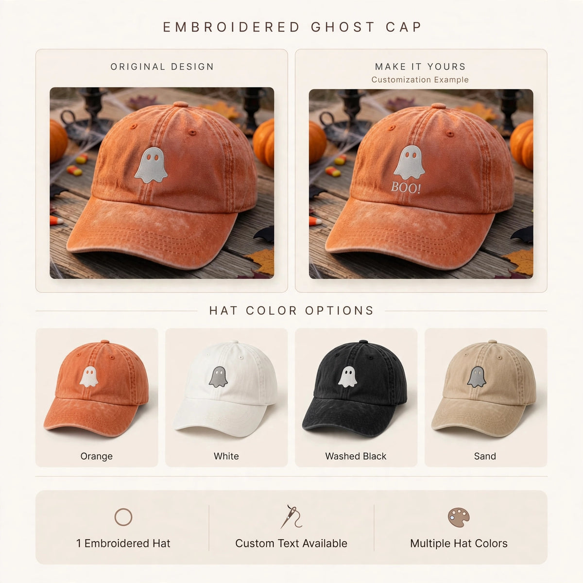 Minimalist Ghost Embroidered Hat, Orange Washed Cotton Baseball Cap, Halloween Gift