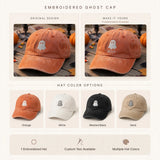 Minimalist Ghost Embroidered Hat, Orange Washed Cotton Baseball Cap, Halloween Gift