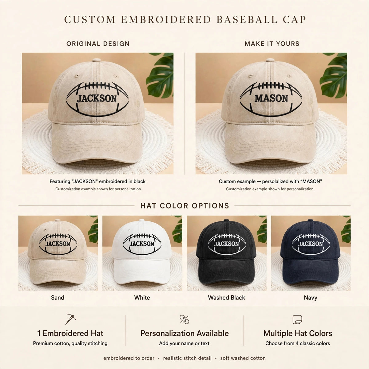 Custom Name Football Embroidered Hat, Personalized Sports Apparel Top, American Football Gift, Game Day Gear, Varsity Football Top