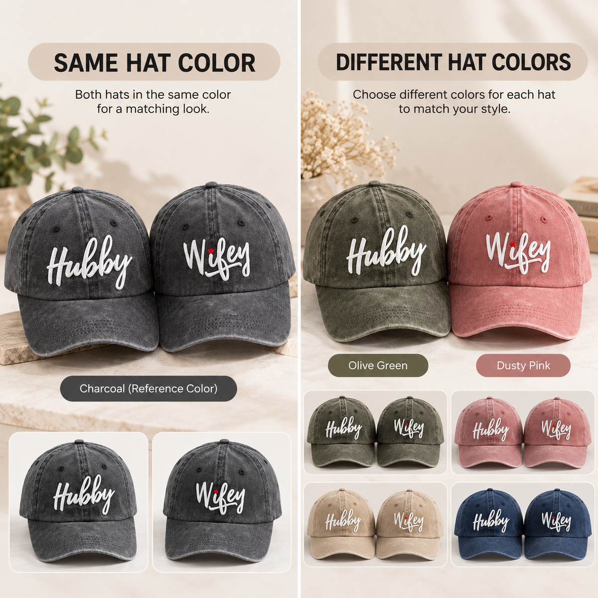 Personalized Hubby & Wifey Matching Hats - Set of 2 hat, Embroidered Couple Baseball Caps, Husband and Wife Anniversary Gift