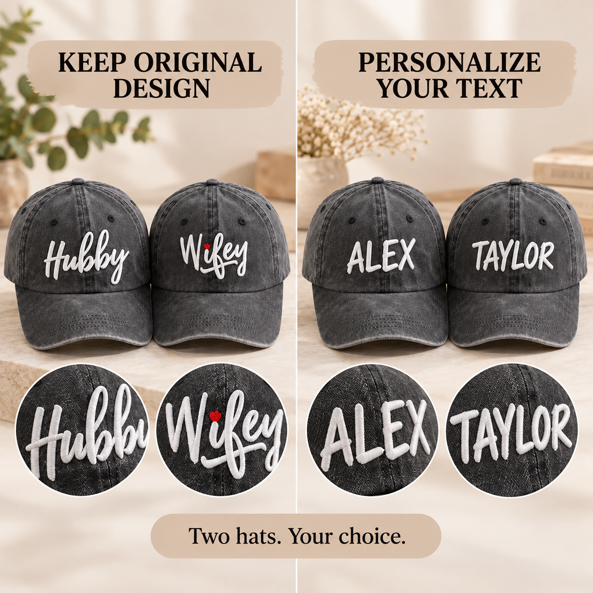Personalized Hubby & Wifey Matching Hats - Set of 2 hat, Embroidered Couple Baseball Caps, Husband and Wife Anniversary Gift