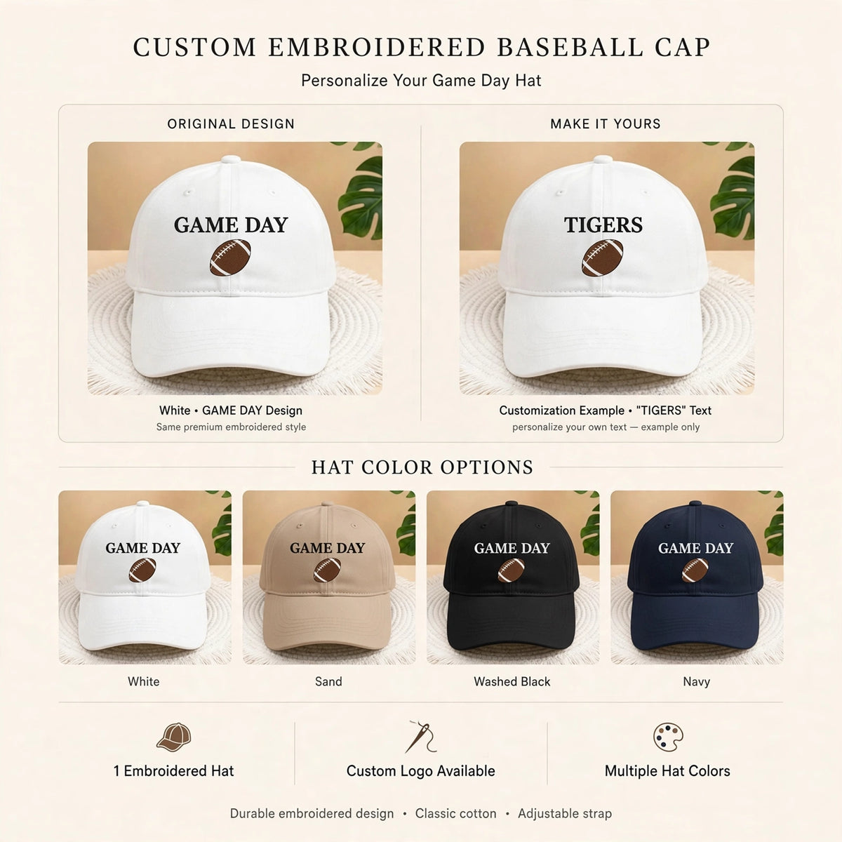 Custom Logo Football Embroidered Baseball Cap, Embroidered Baseball Cap, Sports Team Hat, Personalized Football Fan Gift, Football Hat