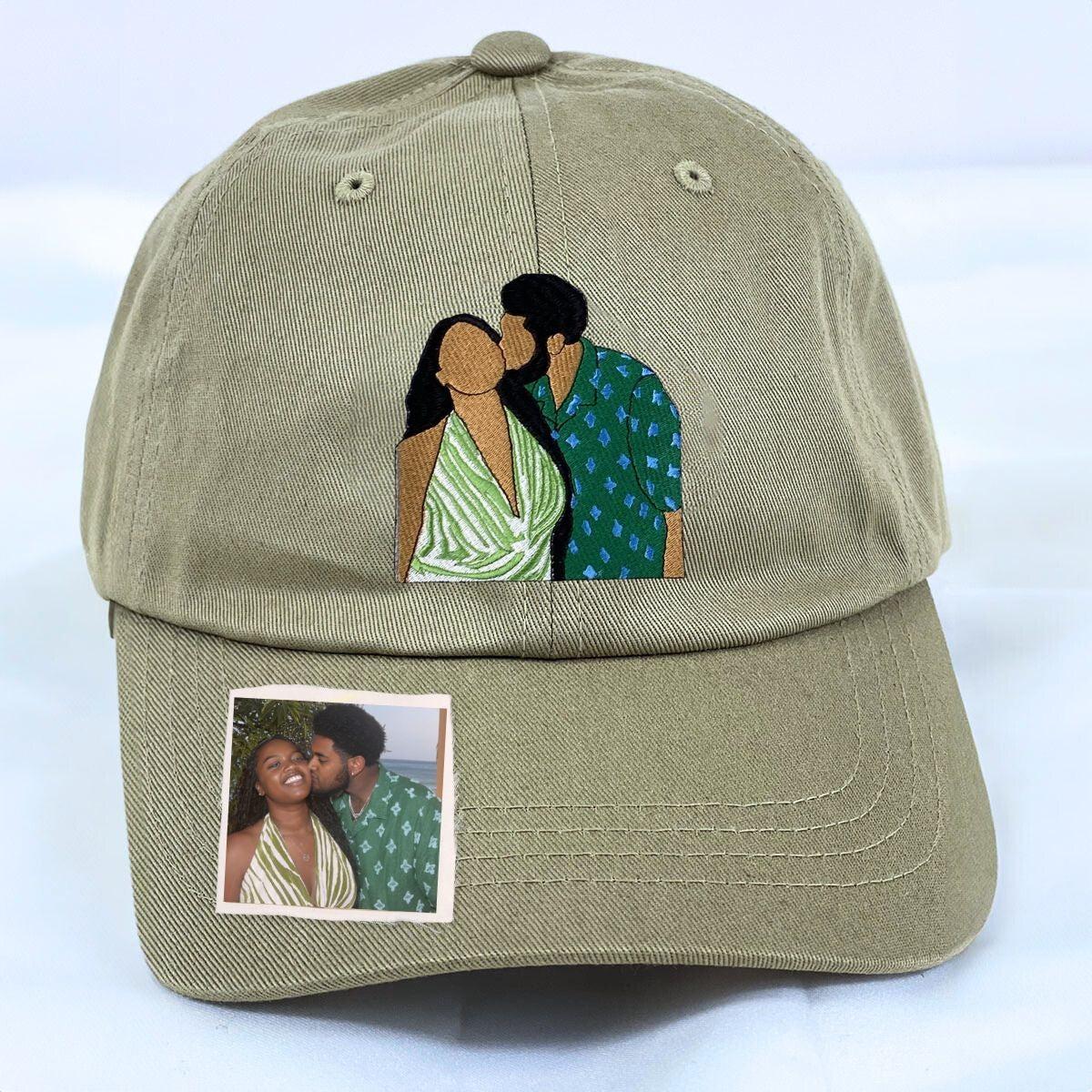 Embroidered Custom Photo Couple Hat, Embroidery Text, Logo Hat, Cap, Baseball Cap, Gift for Dad Mom Him Her Boyfriend, Bride, Valentine Gift
