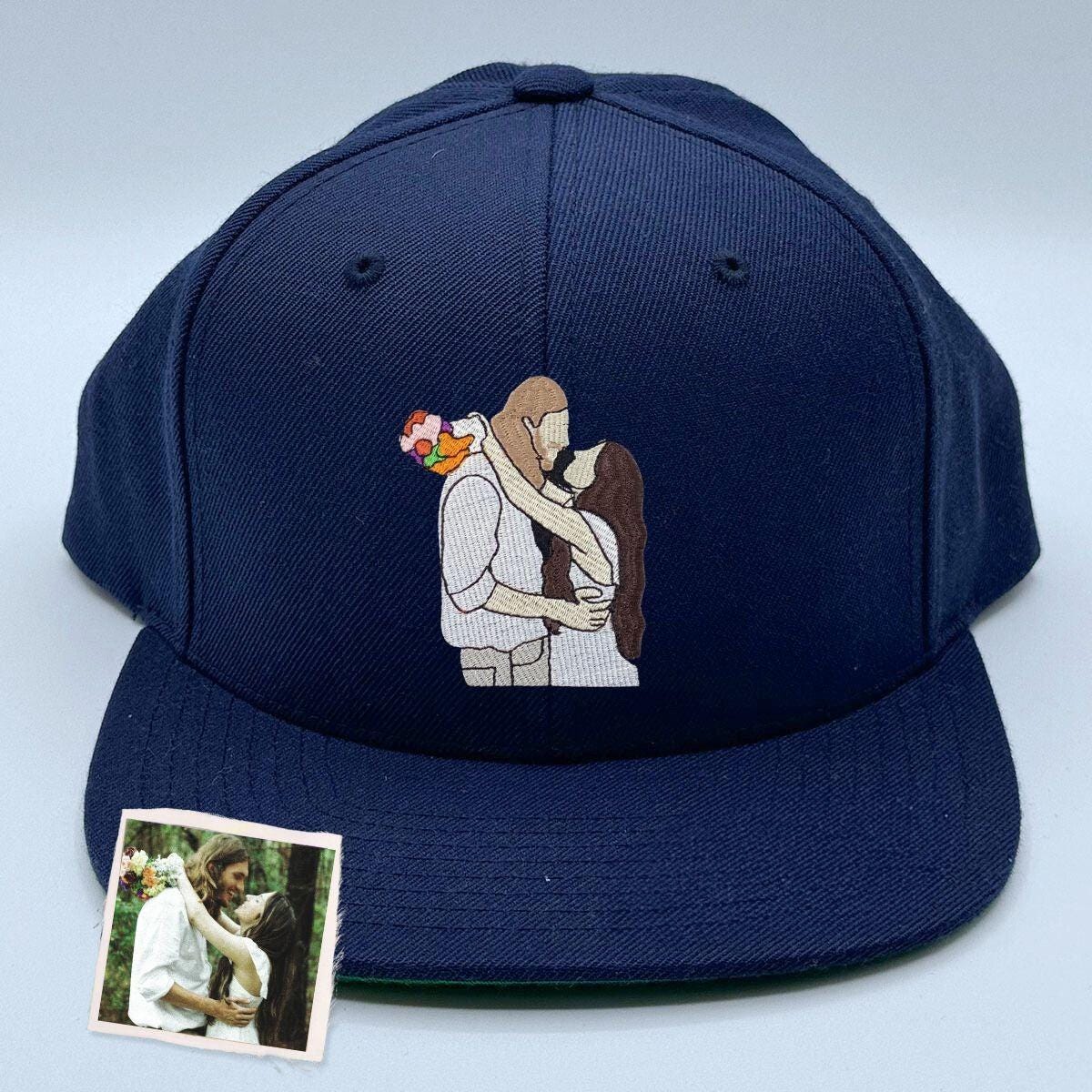 Embroidered Custom Photo Couple Hat, Embroidery Text, Logo Hat, Cap, Baseball Cap, Gift for Dad Mom Him Her Boyfriend, Bride, Valentine Gift