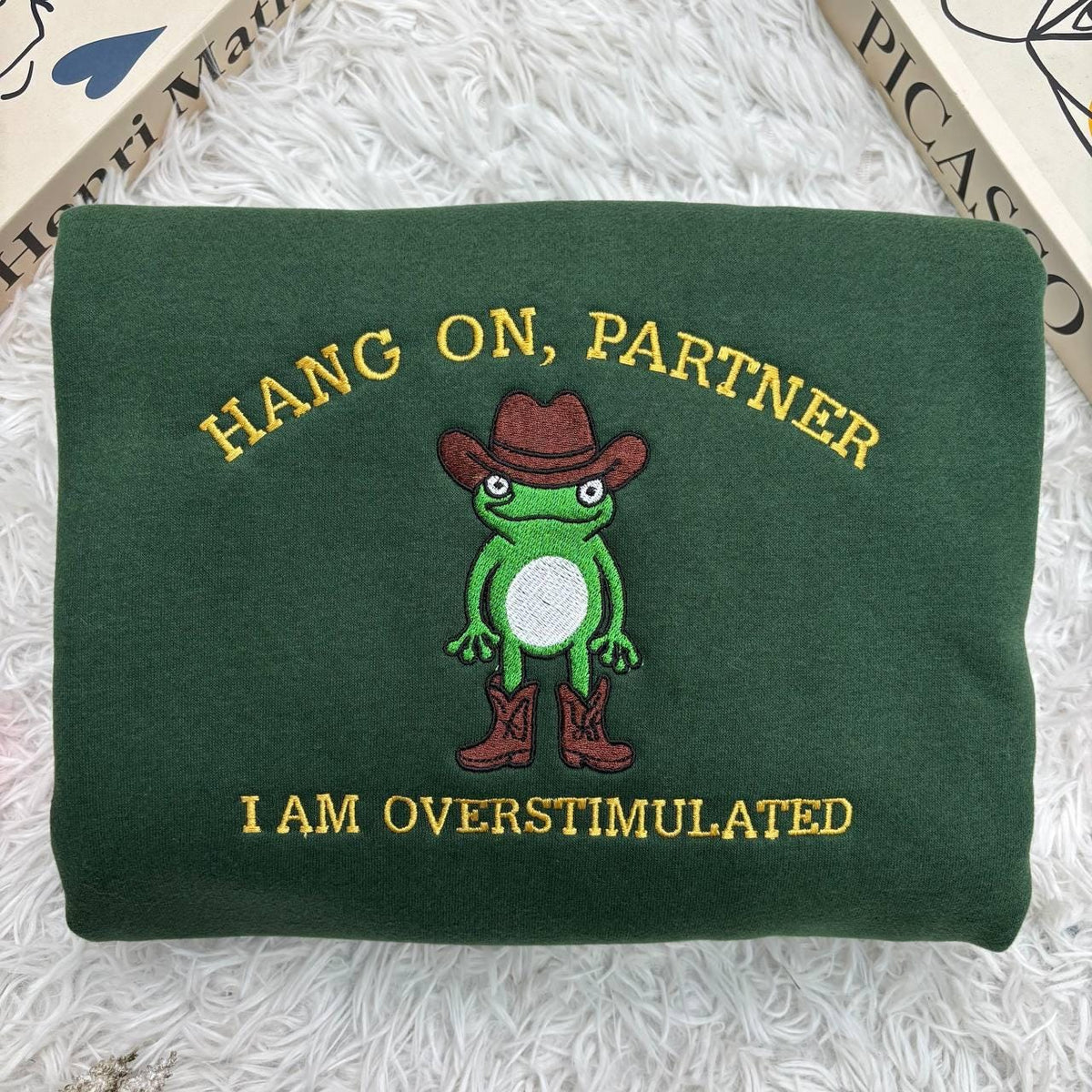 Embroidered Hang On Partner I’m Overstimulated Shirt, Cowboy Frog Unhinged Shirt, Weirdcore Shirt, funny jumper,top, Frog Embroidered Shirt