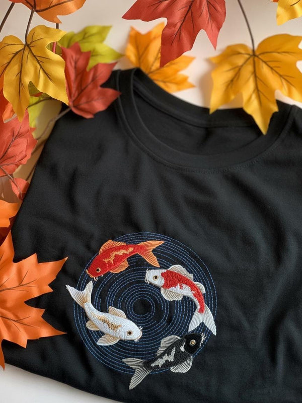 Japanese Koi Fish Embroidered Sweatshirt, Asian Carp Hoodie, Nature Cottagecore Fall Shirt, Fishing Lover Gift