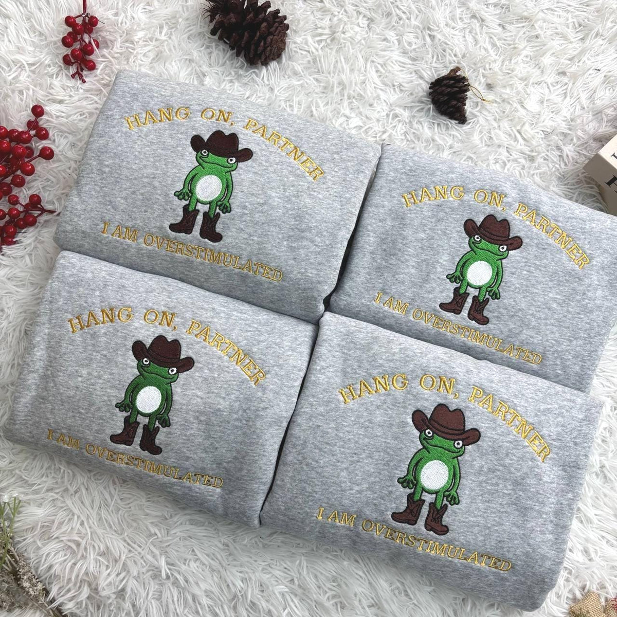 Embroidered Hang On Partner I’m Overstimulated Shirt, Cowboy Frog Unhinged Shirt, Weirdcore Shirt, funny jumper,top, Frog Embroidered Shirt
