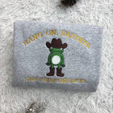 Embroidered Hang On Partner I’m Overstimulated Shirt, Cowboy Frog Unhinged Shirt, Weirdcore Shirt, funny jumper,top, Frog Embroidered Shirt