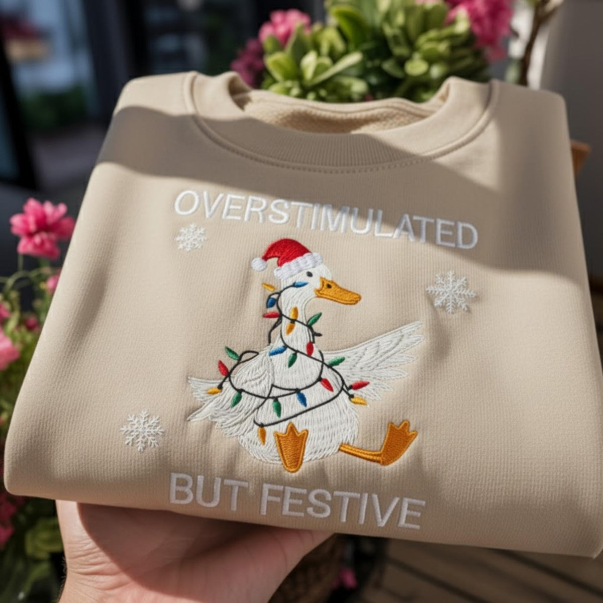 Embroidered Christmas Duck Sweatshirt, Cute Funny Santa Hat Holiday Crewneck Gift