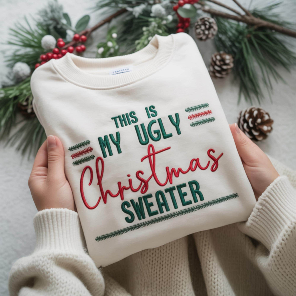 Embroidered This is My Ugly Christmas Sweater Sweatshirt, Funny Holiday Party Crewneck
