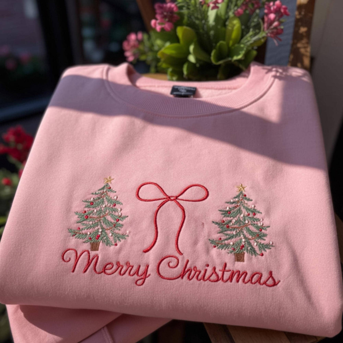 Embroidered Christmas Tree Sweatshirt, Merry Christmas Holiday Crewneck Gift