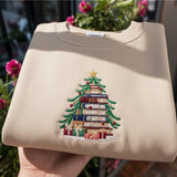 Embroidered Book Christmas Tree Sweatshirt, Librarian Book Lover Holiday Crewneck Gift