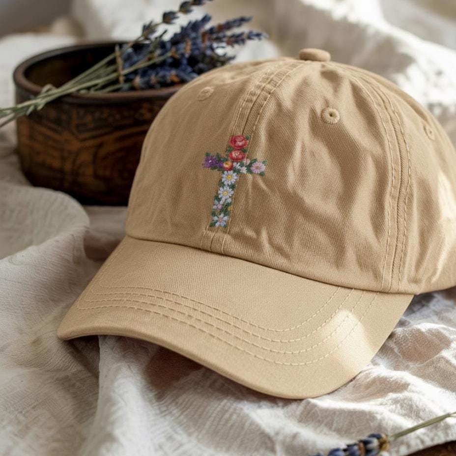 Floral Cross Embroidered Cotton Dad Hat - Wildflower Christian Faith Baseball Cap