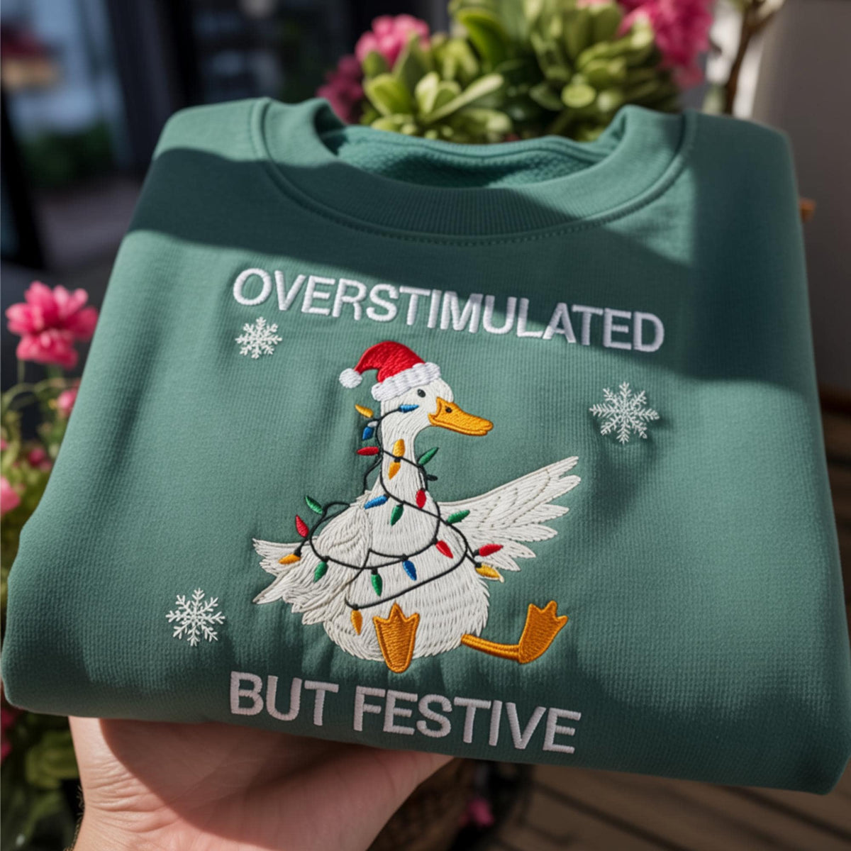 Embroidered Christmas Duck Sweatshirt, Cute Funny Santa Hat Holiday Crewneck Gift
