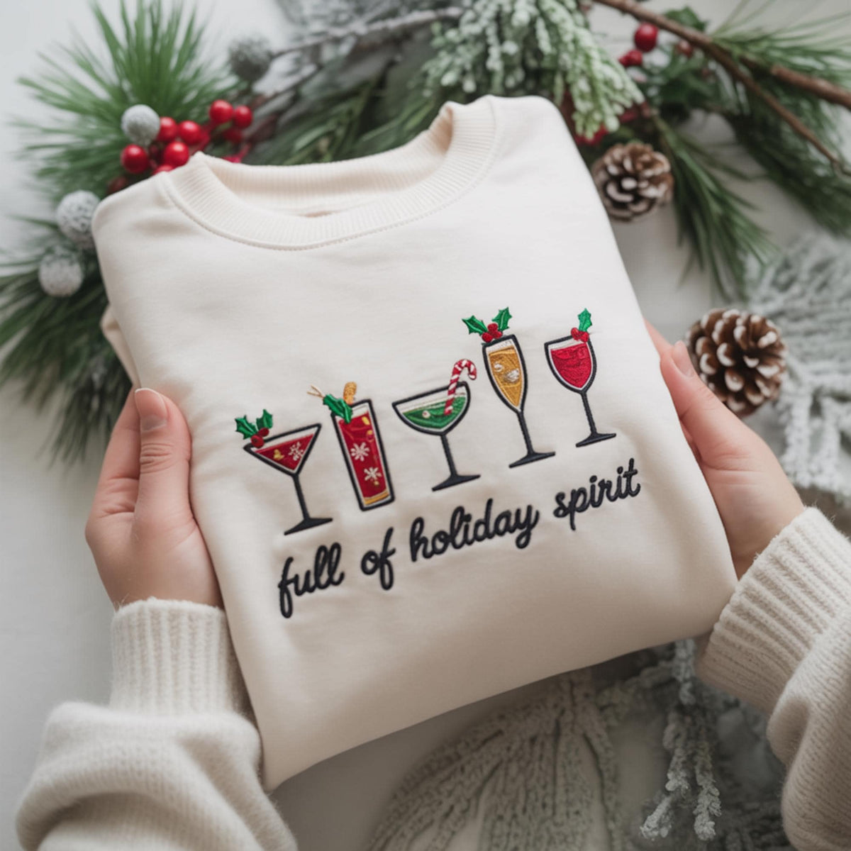 Embroidered Holiday Spirit Christmas Sweatshirt, Festive Cocktail Holiday Party Crewneck