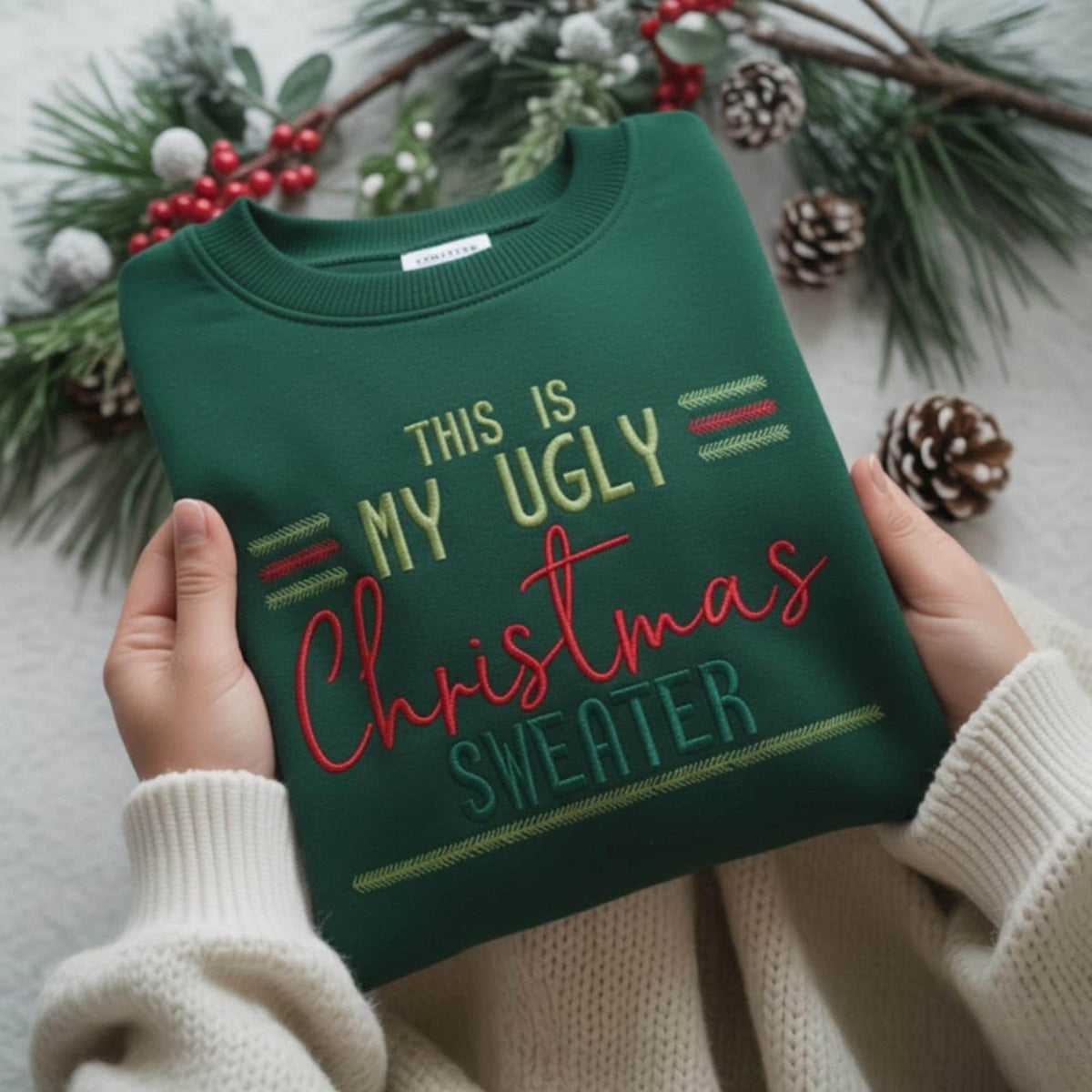 Embroidered This is My Ugly Christmas Sweater Sweatshirt, Funny Holiday Party Crewneck