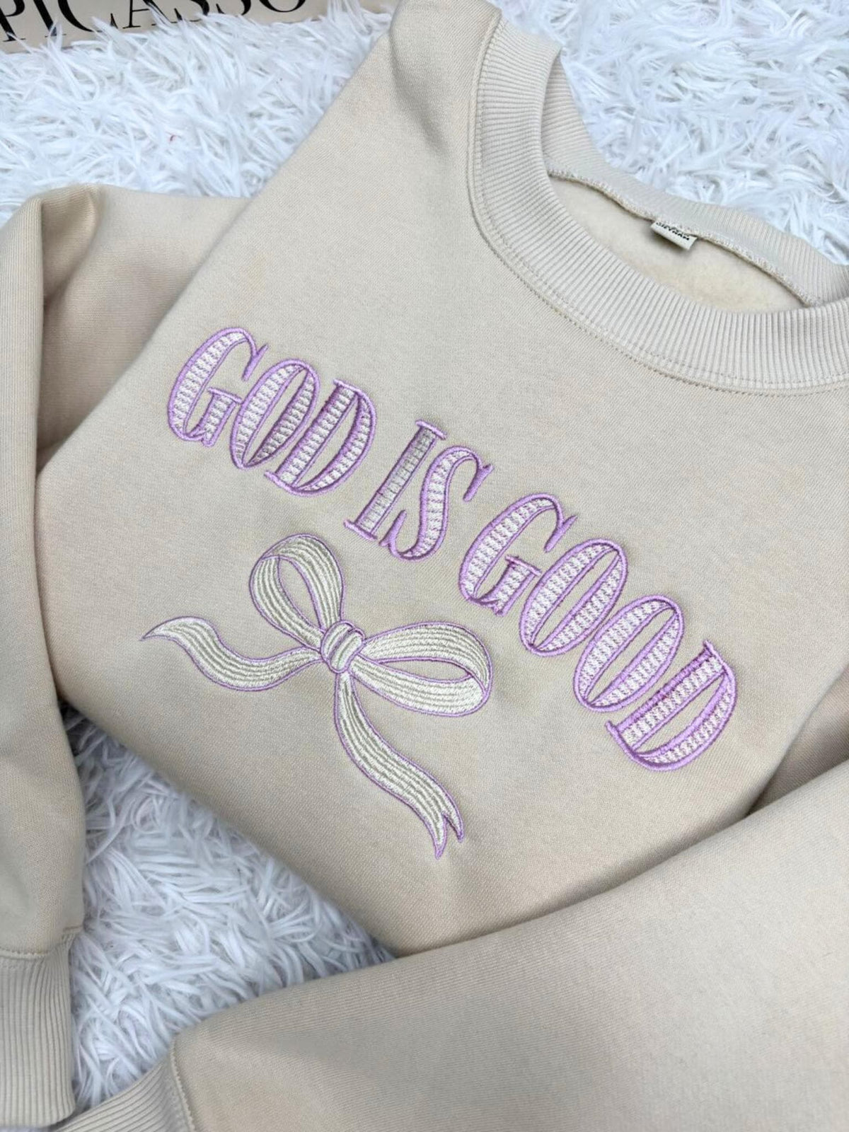 Embroidered God Is Good Sweatshirt, Christian Faith Based Bow Holiday Crewneck Gift