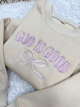 Embroidered God Is Good Sweatshirt, Christian Faith Based Bow Holiday Crewneck Gift