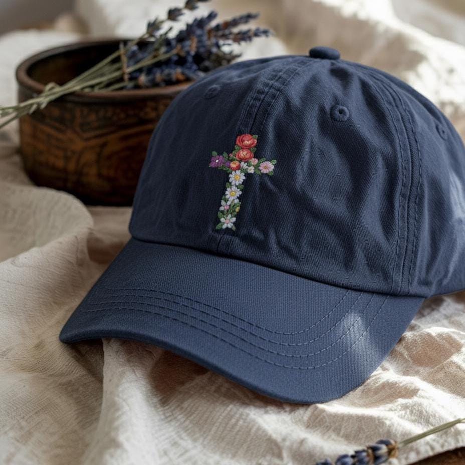 Floral Cross Embroidered Cotton Dad Hat - Wildflower Christian Faith Baseball Cap