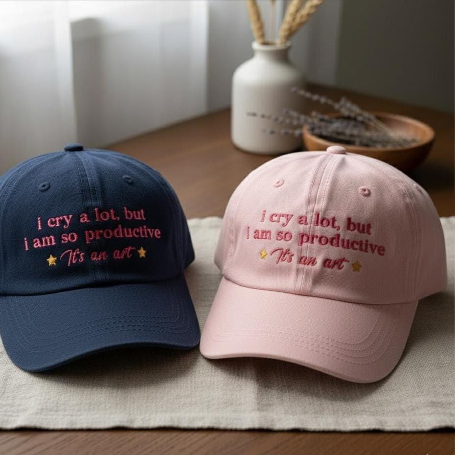 I Cry a Lot But I'm So Productive Embroidered Hat, Funny Sarcastic Cap, Cute Girl Embroidery Dad Hat, Gift for Her