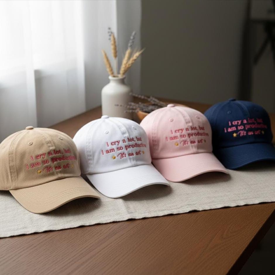 I Cry a Lot But I'm So Productive Embroidered Hat, Funny Sarcastic Cap, Cute Girl Embroidery Dad Hat, Gift for Her