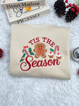 Embroidered 'Tis the Season Sweatshirt, Gingerbread Man Candy Cane Holiday Crewneck
