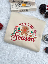 Embroidered 'Tis the Season Sweatshirt, Gingerbread Man Candy Cane Holiday Crewneck