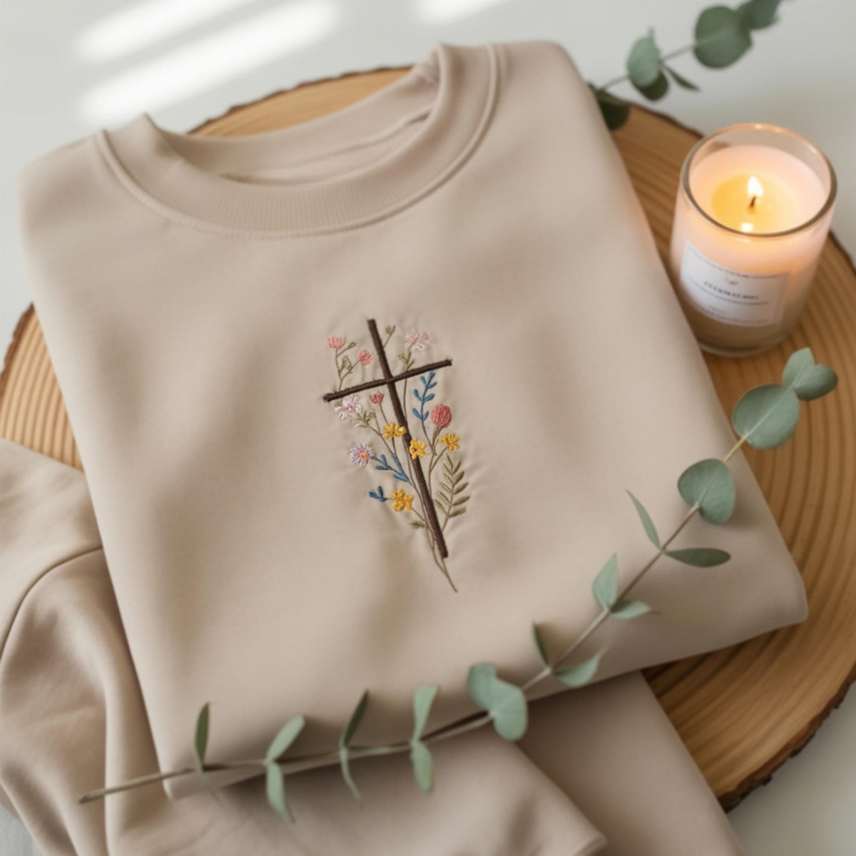Wildflower Cross Embroidered Sweatshirt, Floral Christian Faith Flower Crewneck