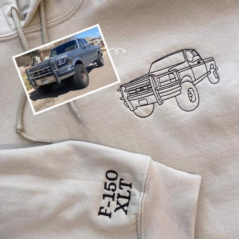 Custom Car Line Art Embroidered Sweatshirt, Trucker Style Embroidery, Custom Car Portrait Gift, Valentine Gift for Boyfriend