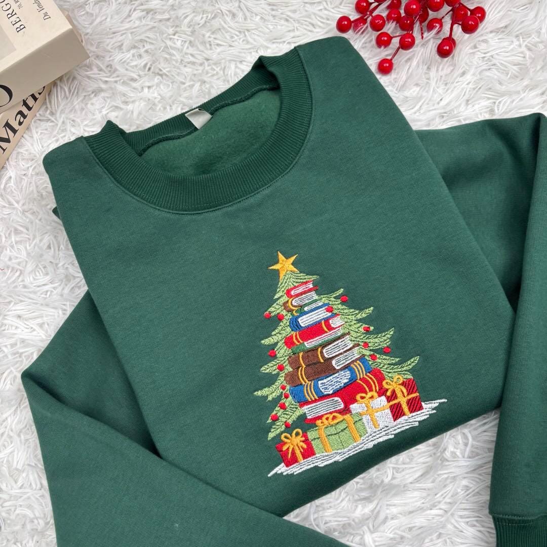Embroidered Book Christmas Tree Sweatshirt, Librarian Book Lover Holiday Crewneck Gift