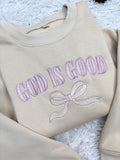 Embroidered God Is Good Sweatshirt, Christian Faith Based Bow Holiday Crewneck Gift