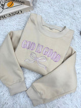 Embroidered God Is Good Sweatshirt, Christian Faith Based Bow Holiday Crewneck Gift