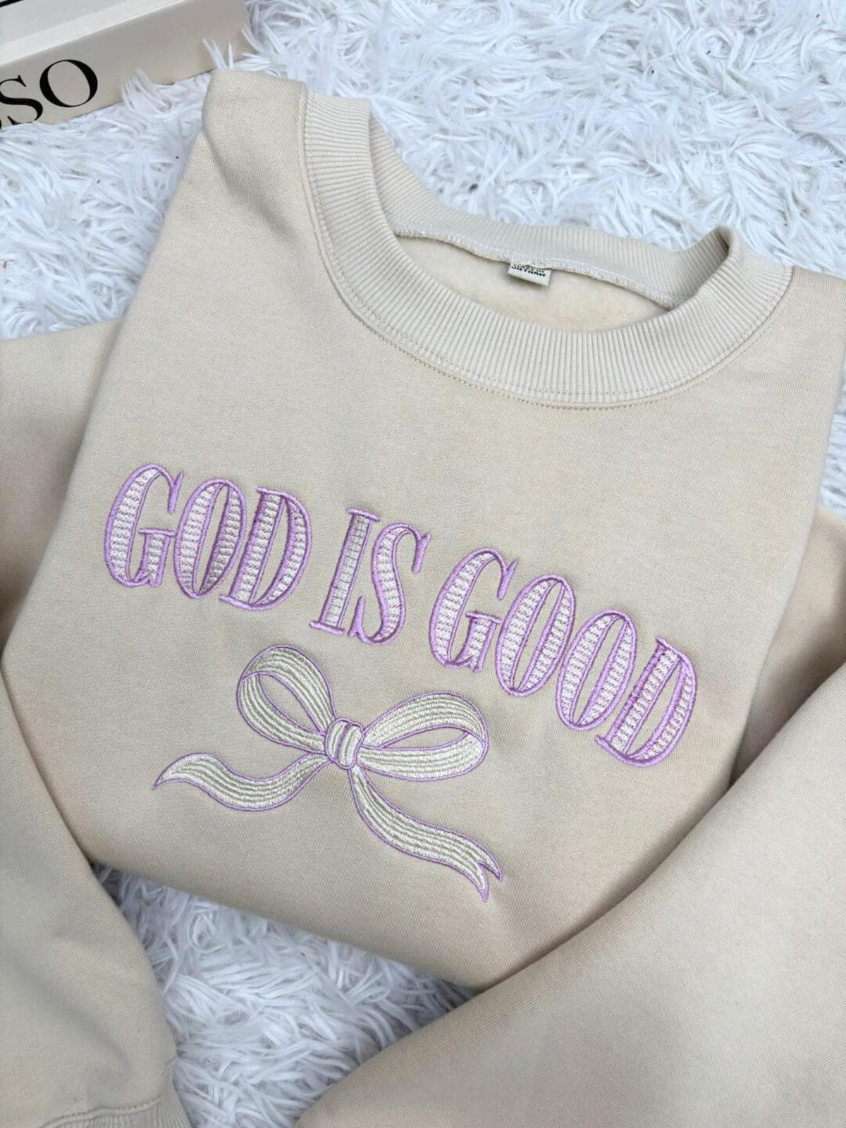 Embroidered God Is Good Sweatshirt, Christian Faith Based Bow Holiday Crewneck Gift