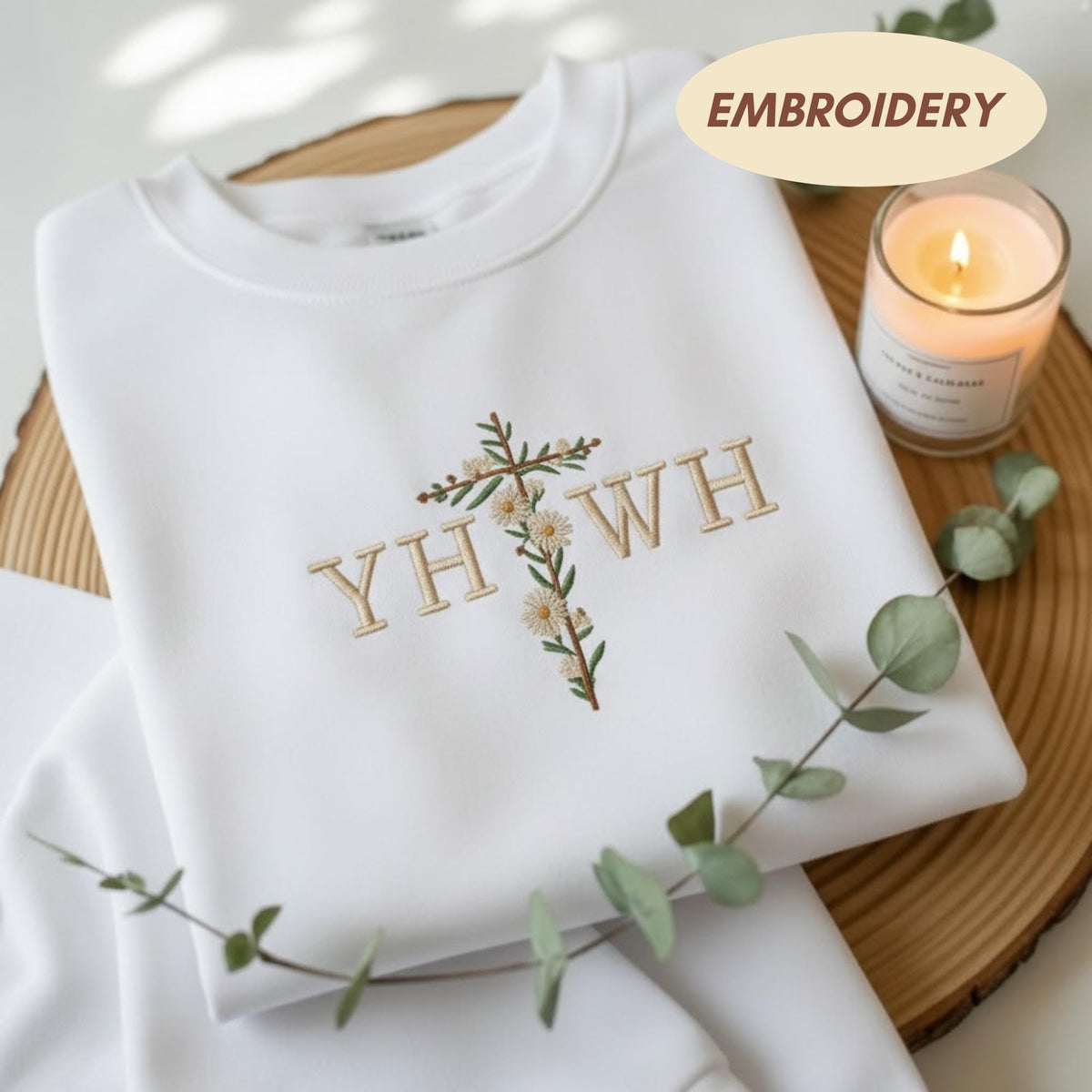 Embroidered YHWH Floral Cross Sweatshirt, Christian Hebrew God Name Faith Crewneck