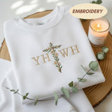 Embroidered YHWH Floral Cross Sweatshirt, Christian Hebrew God Name Faith Crewneck