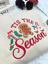 Embroidered 'Tis the Season Sweatshirt, Gingerbread Man Candy Cane Holiday Crewneck