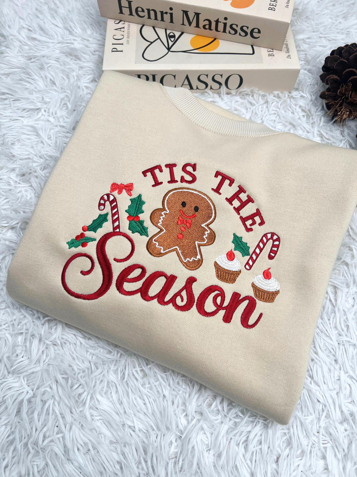 Embroidered 'Tis the Season Sweatshirt, Gingerbread Man Candy Cane Holiday Crewneck