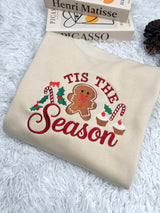 Embroidered 'Tis the Season Sweatshirt, Gingerbread Man Candy Cane Holiday Crewneck