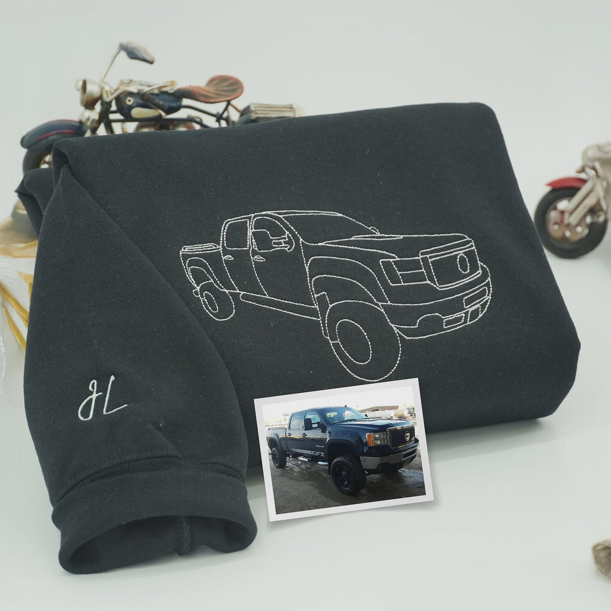 Custom Car Line Art Embroidered Sweatshirt, Trucker Style Embroidery, Custom Car Portrait Gift, Valentine Gift for Boyfriend