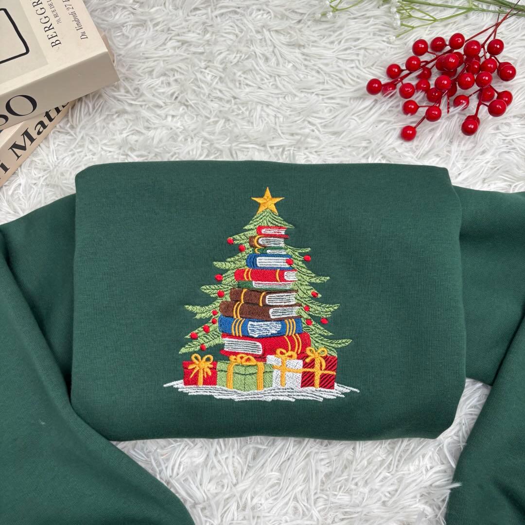 Embroidered Book Christmas Tree Sweatshirt, Librarian Book Lover Holiday Crewneck Gift