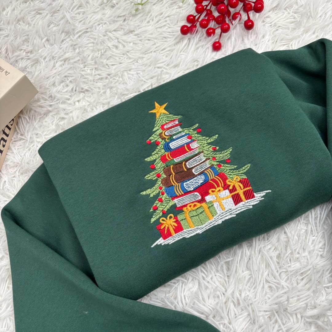 Embroidered Book Christmas Tree Sweatshirt, Librarian Book Lover Holiday Crewneck Gift
