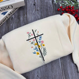 Wildflower Cross Embroidered Sweatshirt, Floral Christian Faith Flower Crewneck