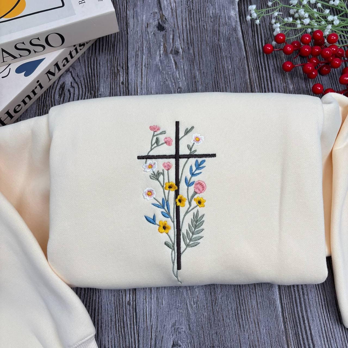 Wildflower Cross Embroidered Sweatshirt, Floral Christian Faith Flower Crewneck